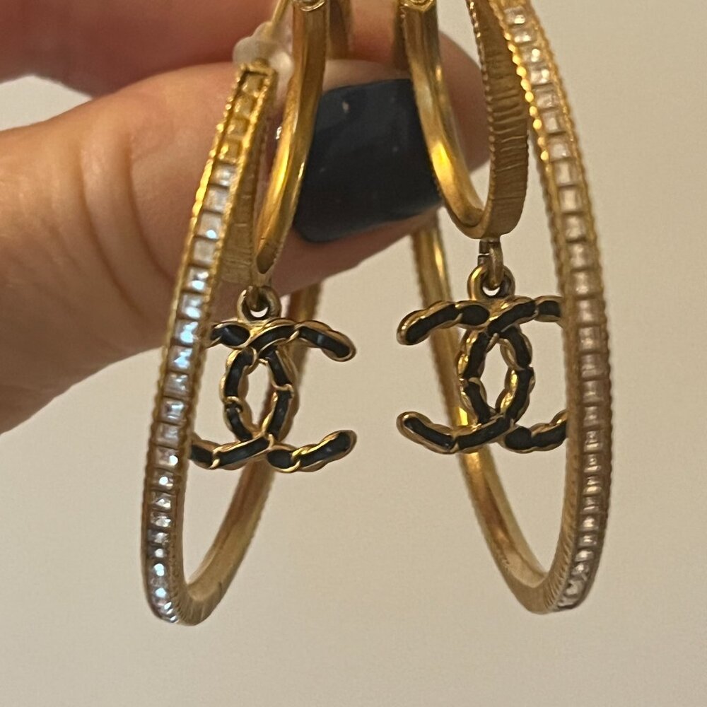 Chanel  Baguette Crystal CC Drop Hoop Earrings Gold